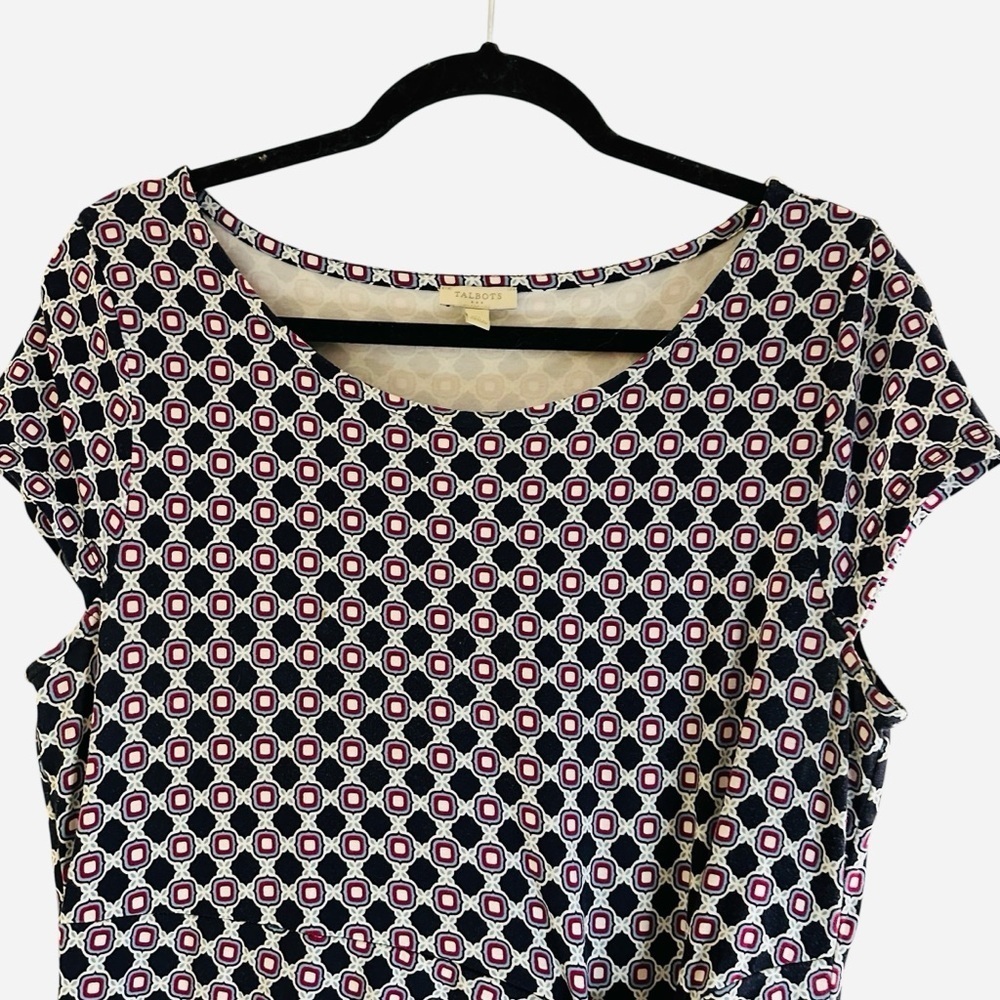 Talbots geometric print tie front dress with striped hem stretchy comfy - Picture 2 of 10
